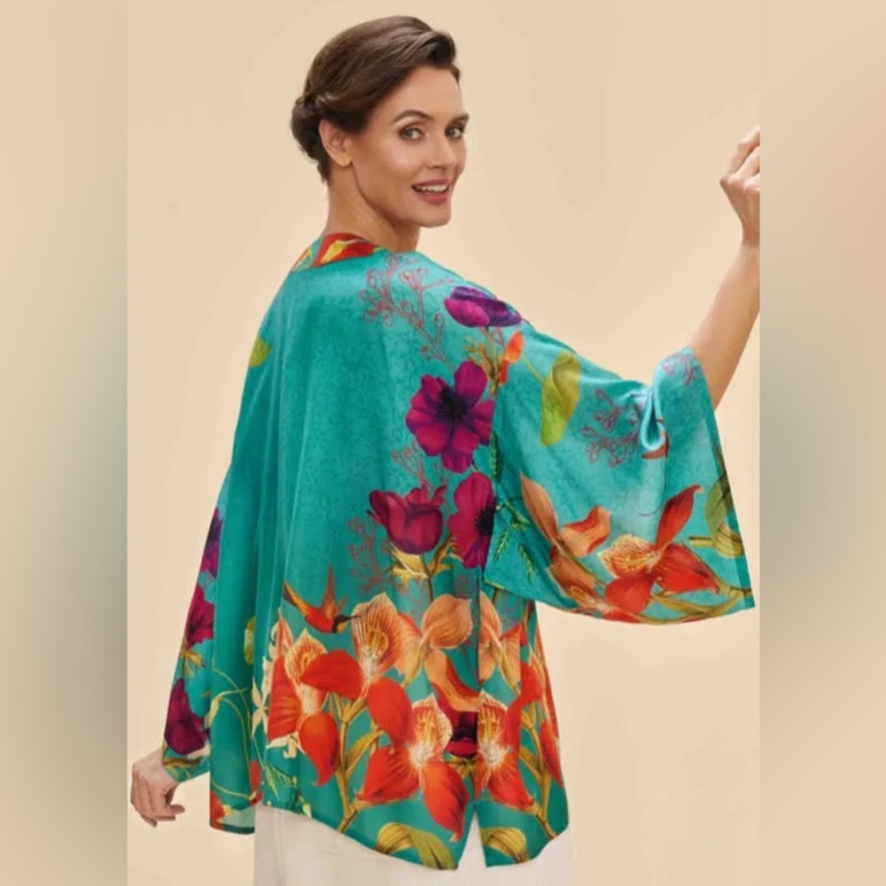 Powder Hummingbird at Dusk kimono jacket in teal - NWT